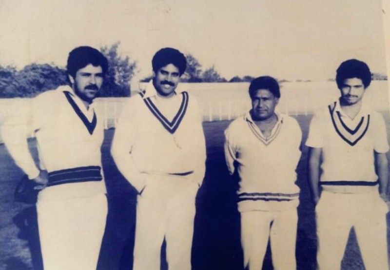 Chetan Sharma (right) with his coach, Desh Prem Azad, and World Cup winning captain, Kapil Dev (second from left)