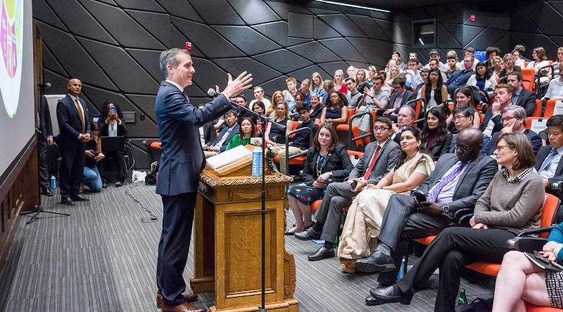 Eric Garcetti giving a speech at Occidental College about sustainable development