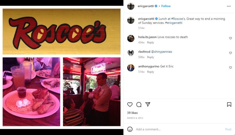 Eric Garcetti's Instagram post of him having lunch at Roscoe's