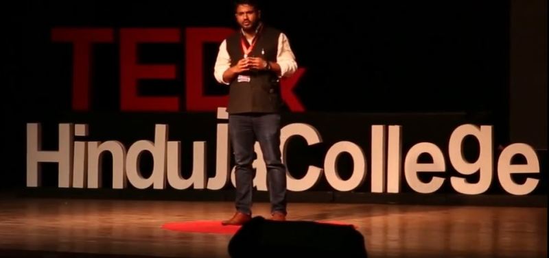 Fahad Ahmad during his TEDx talk on contemporary politics at Hinduja College, Mumbai