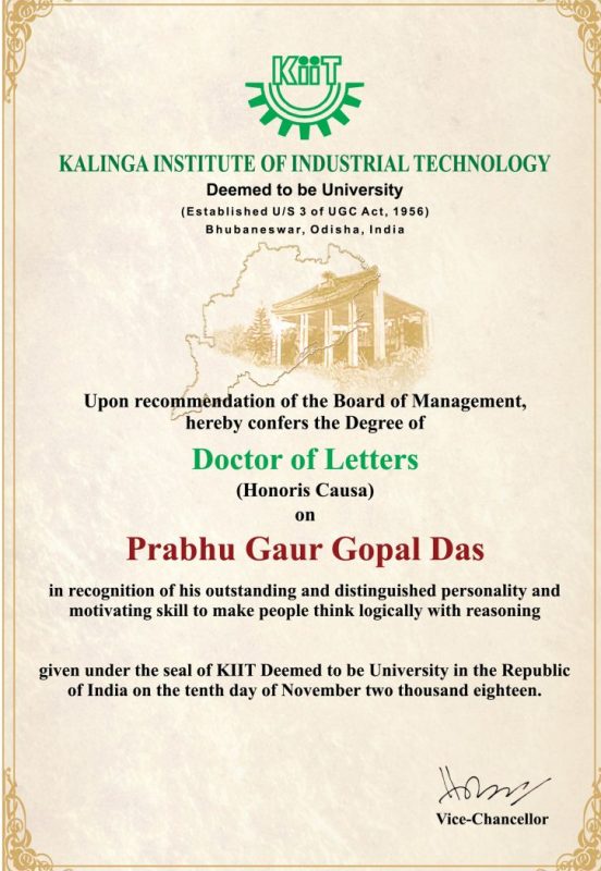 Gaur Gopal Das' 'Doctor of Letters (Honoris Causa)' by Kalinga Institute of Industrial Technology (KIIT), Bhubaneswar, Odisha