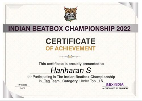 Harry d Cruz's Indian Beatbox Championship's certificate