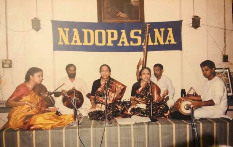 Lalitha Chandran (third from left) and C. Saroja (fourth from left) performing at a cultural show 