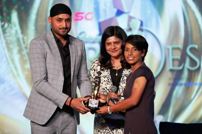 Poonam Yadav receiving an award for Bowler of the Year Award—Female at the inaugural India Cricket Heroes event, an initiative by RP Sanjiv Goenka Group, Cornerstone Founder Bunty Sajdeh, and Star Sports, held at Lord’s Cricket Ground in 2019