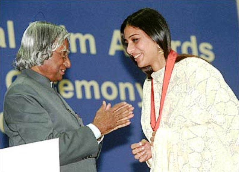 President A. P. J. Abdul Kalam presenting the National Film Award to Tabu in the category of Best Actress for the film Chandni Bar (2001) at the 49th National Film Awards on 13 February 2003
