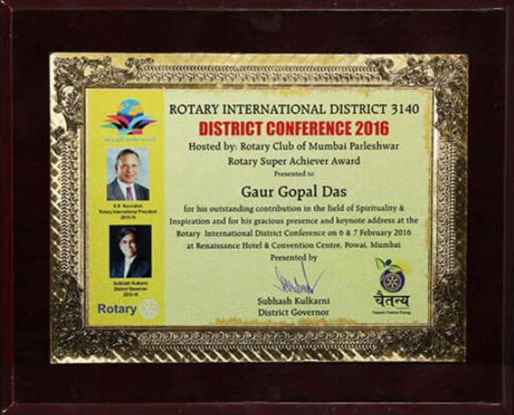 Rotary International’s 'Super Achiever Award' issued by Rotary Club Mumbai, India to Gaur Gopal Das for his outstanding contribution to the field of spirituality and inspiration