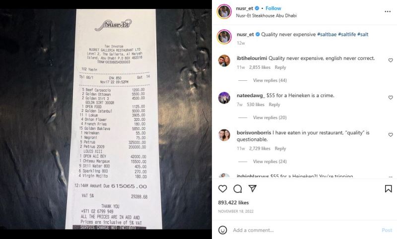 Salt Bae's Instagram post of a bill at his own restaurant