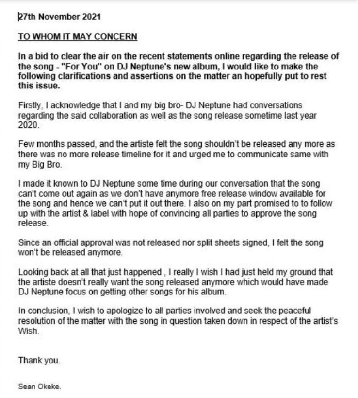 Sean Okeke's apology letter