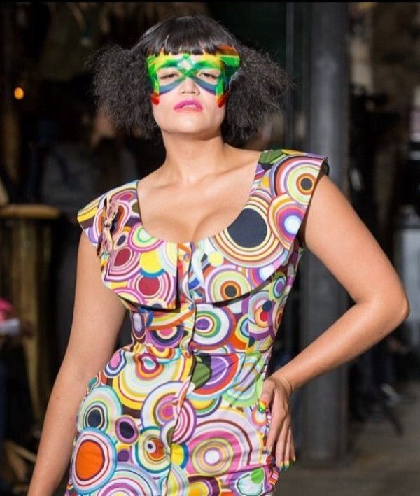 A model wearing a dress designed by Manish Arora, based on the bindi theme, devised by Bharti Kher