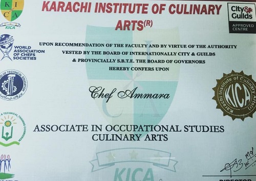 Ammara Noman's certificate of Karachi Institute of Culinary Arts