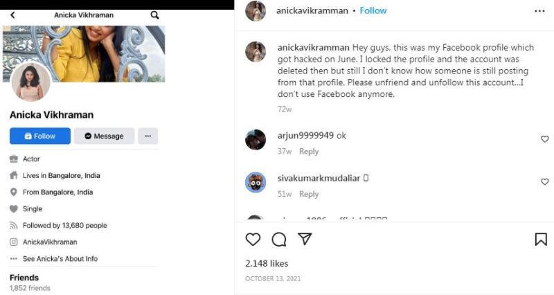 Anicka's Instagram post in which she revealed about her hacked Facebook account