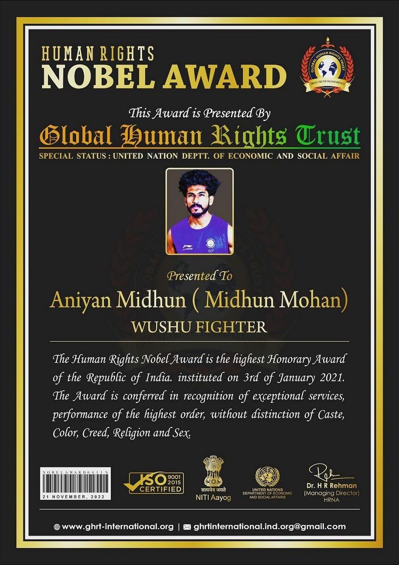 Aniyan Midhun wins Human Rights Nobel Award