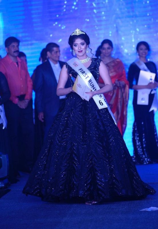 Cerena Ann Johnson while walking the ramp as the 1st runner-up at the Vanitha International Glam Queen 2019
