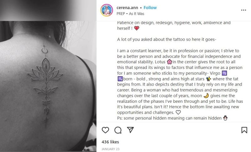 Cerena Ann Johnson''s Instagram post about the tattoo on her back