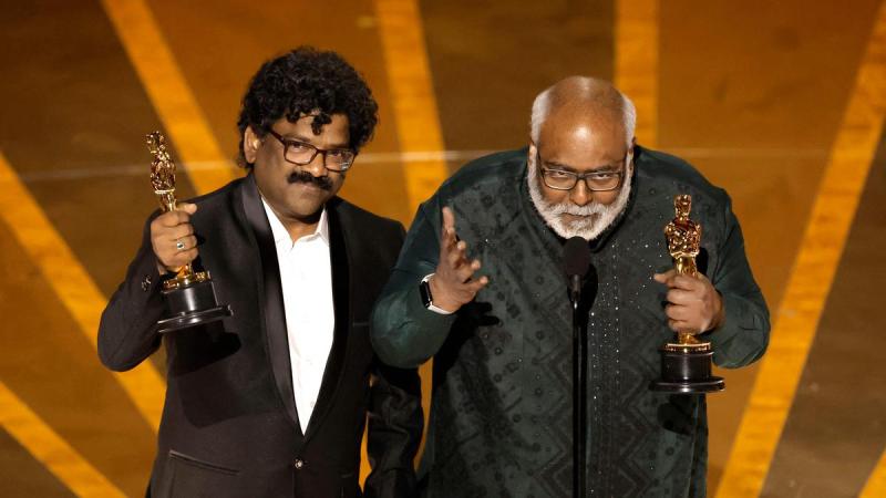 Chandrabose and M. M. Keeravani accept the Best Original Song award for ‘Naatu Naatu’ from “RRR” onstage during the 95th Annual Academy Awards at Dolby Theatre on 12 March 2023