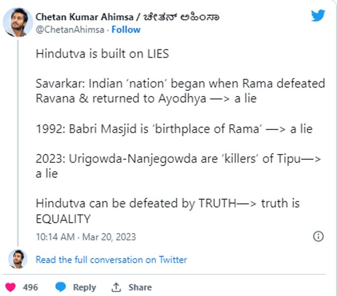 Chetan Kumar's Hindutva is built on lies tweet