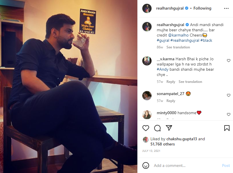 Harsh Gujral Instagram's post in which he is seen consuming an alcoholic beverage