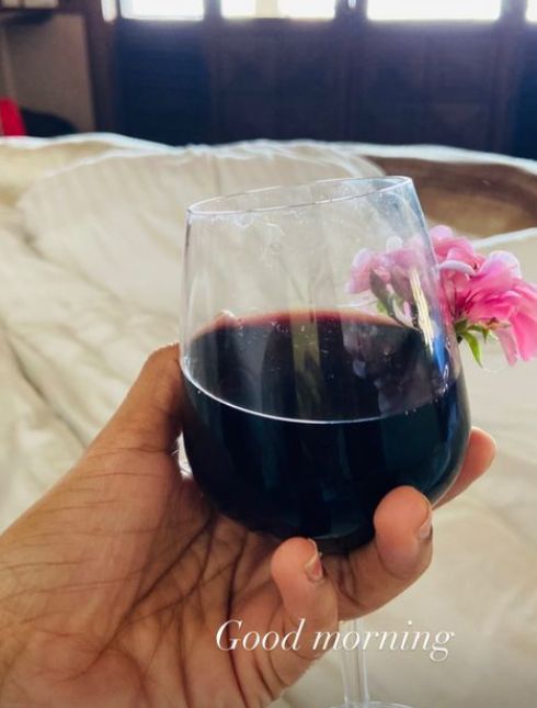 Manosi Sengupta's story on Instagram holding a glass of wine