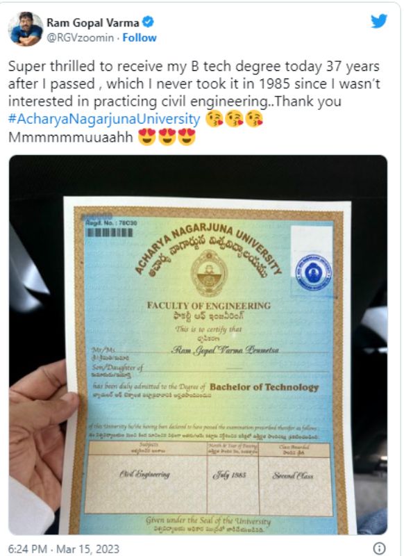 Ram Gopal Varma's tweet about receiving his BTech degree after 37 years