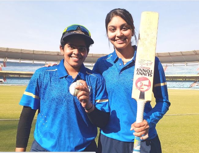 Sahana Pawar left with Harleen Deol after winning a match for India A in Womens T20 Challenger Trophy