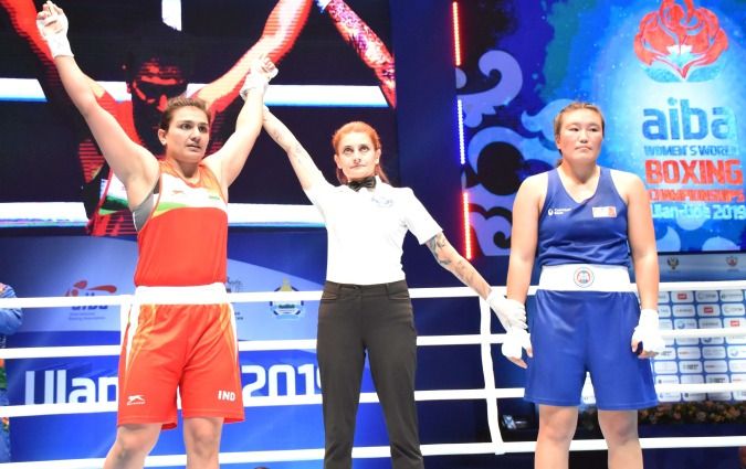 Saweety Boora (left) after winning the pre-quarter-final round after defeating Mogolia’s Myagmarjargal Munkhbat at the AIBA Women's World Boxing Championship in 2019