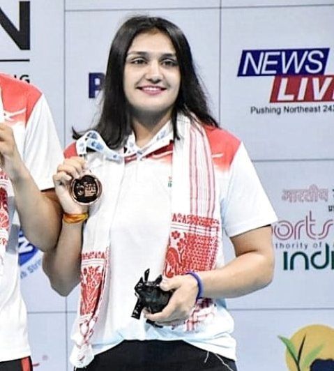 Saweety Boora posing with her bronze medal at the 2nd Open India National Championship 2019 in Guwahati, Assam