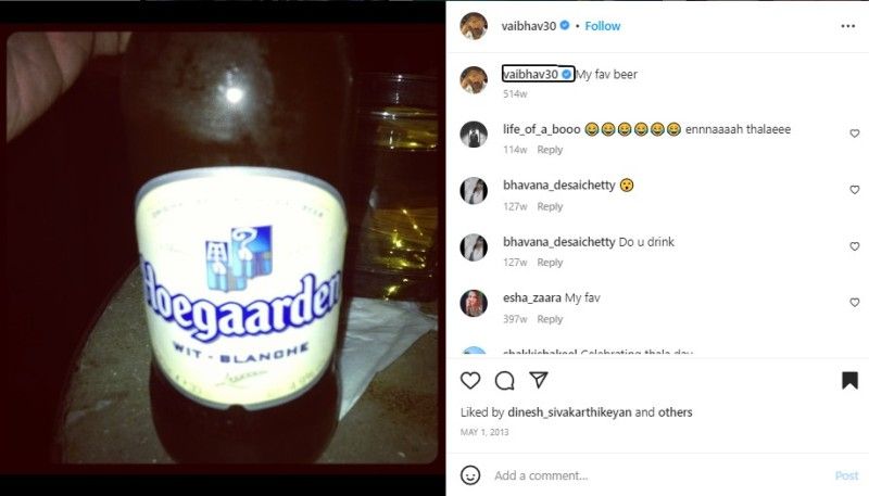 An Instagram post shared by Vaibhav Reddy in which he shared about his favorite beer