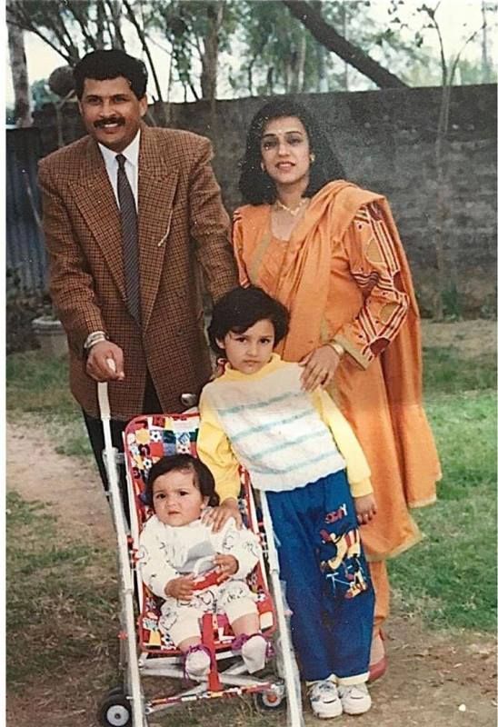 An old photograph of Reena Chopra, her husband, Pawan Chopra (left), her daughter, Parineeti Chopra, and son, Sahaj Chopra (sitting)