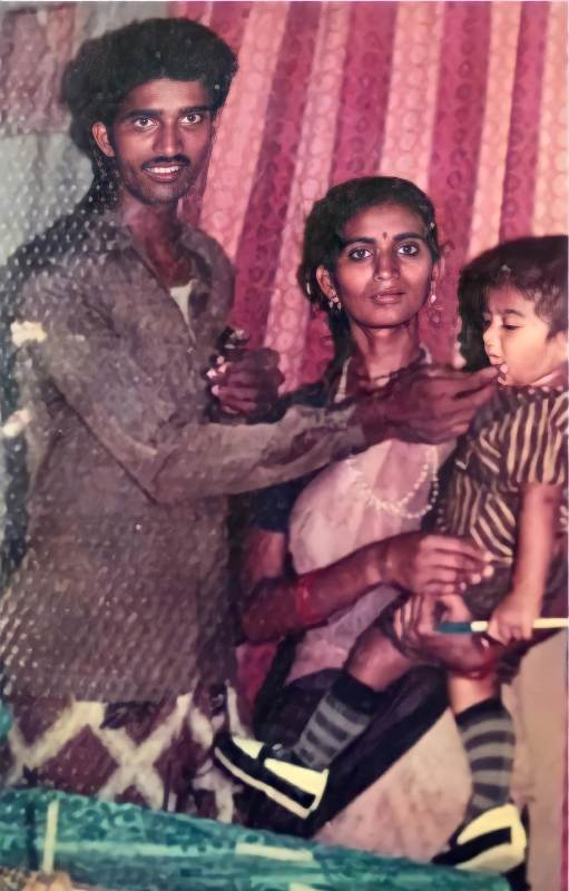 Ananya Nagalla and her parents celebrating her birthday when she was a child