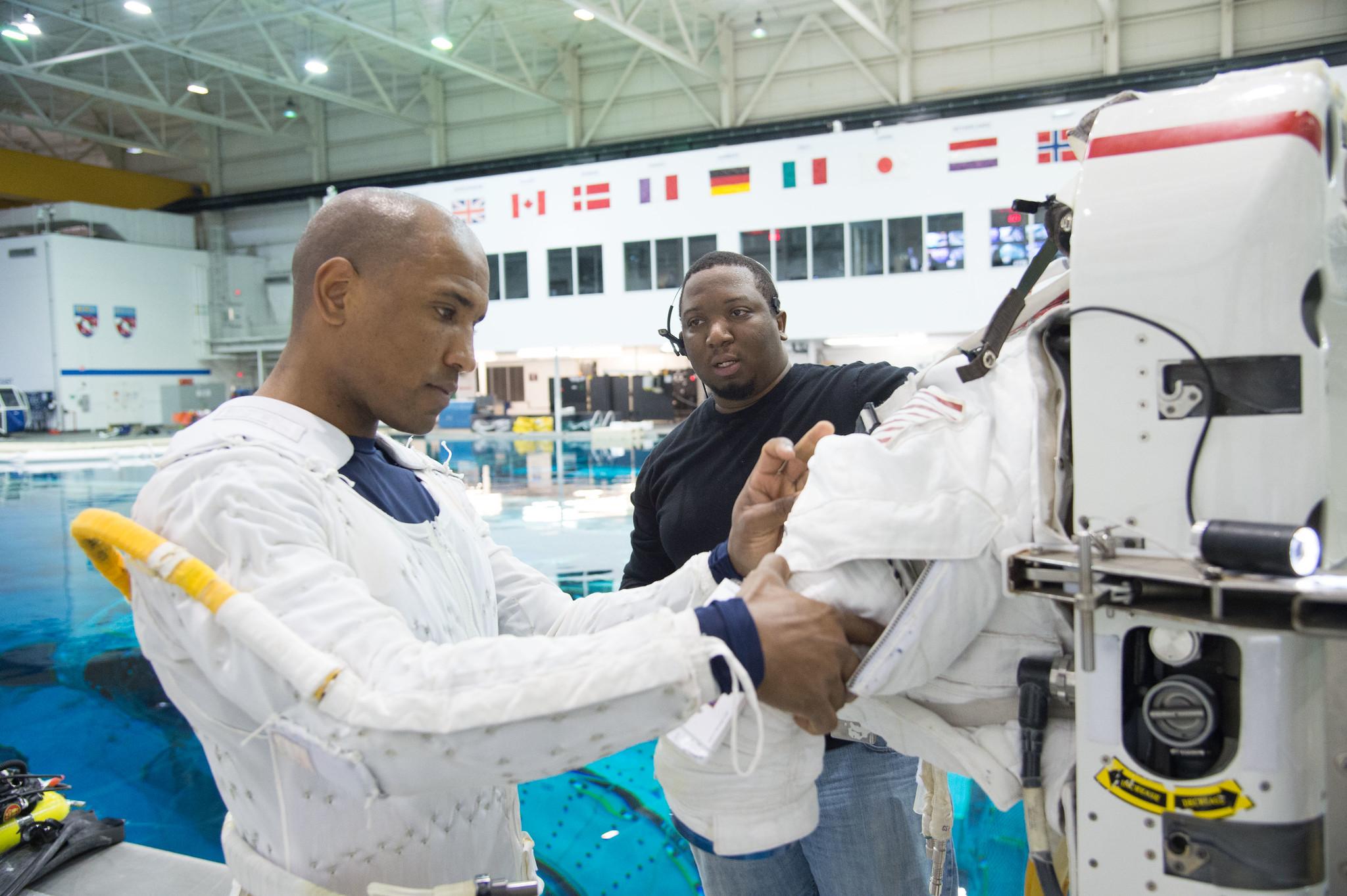 Astronaut Victor Glover during his Extravehicular Activity training with Doug Wheelock