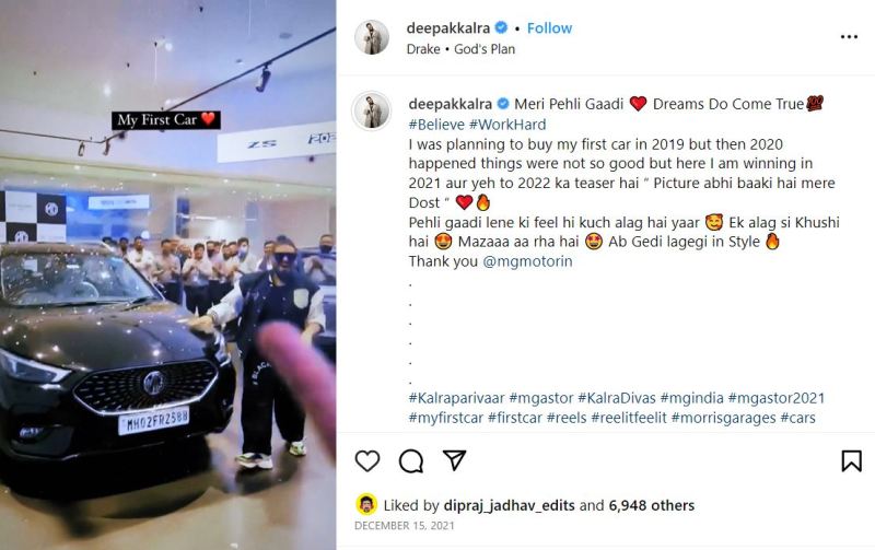 Deepak Kalra's Instagram post about buying his first car, MG Astor