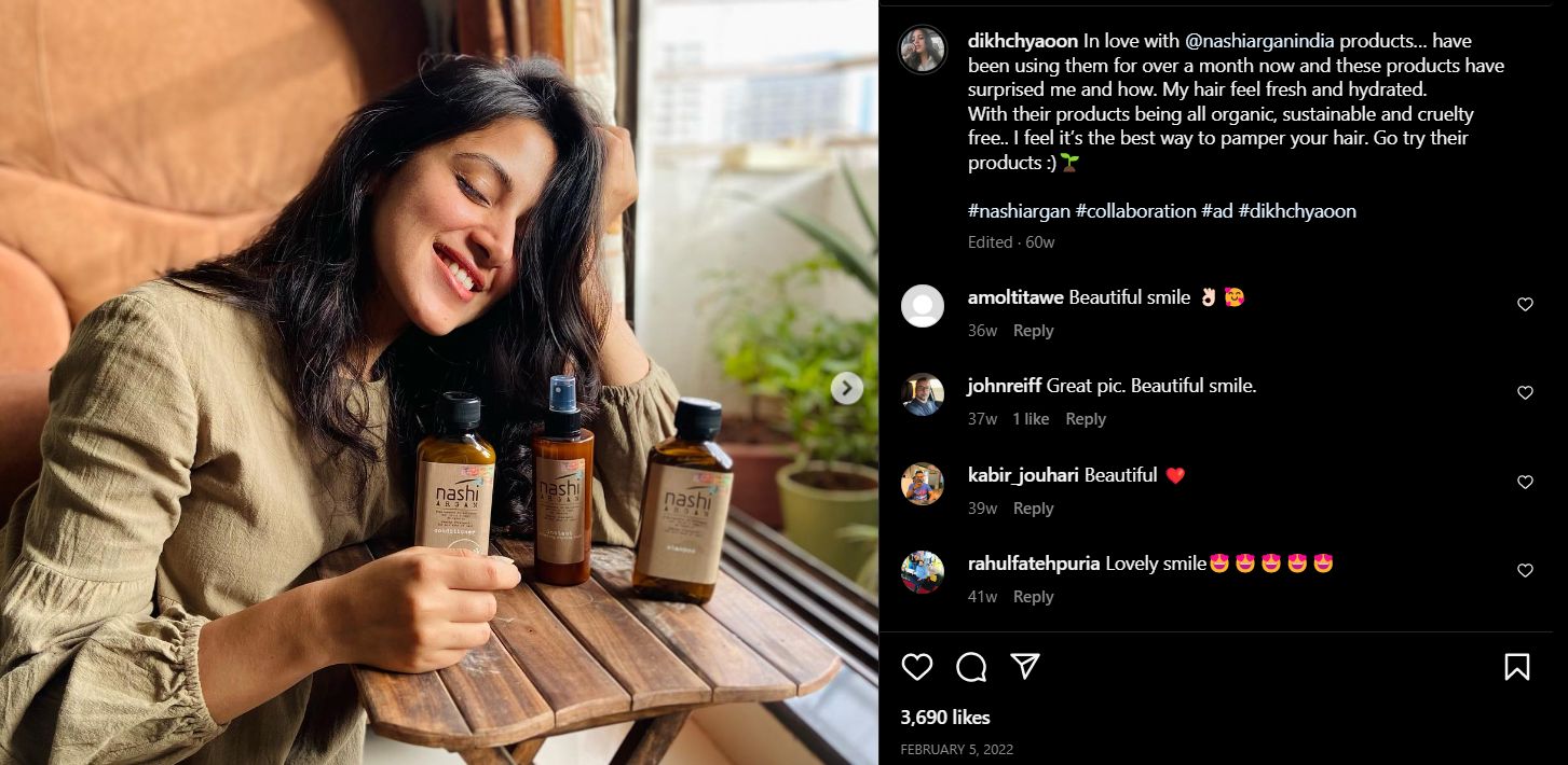 Diksha Juneja promoting the hair care brand Nashi Argan