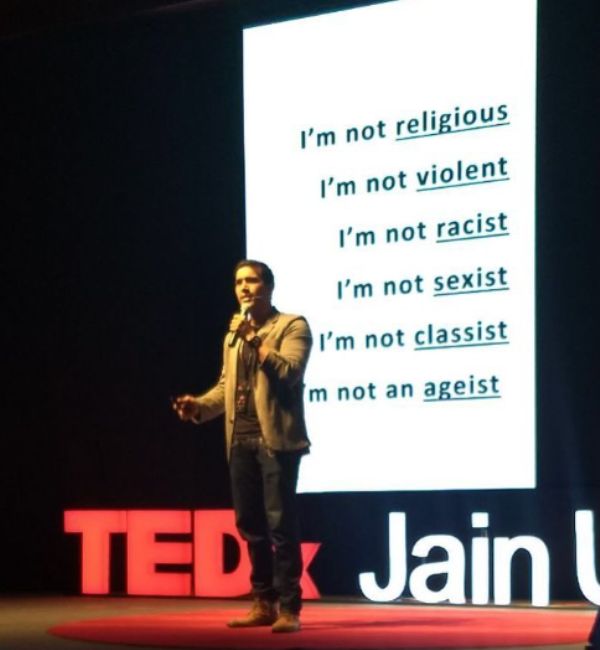 Harman Singha during the TEDx talk at the Jain University in Bengaluru