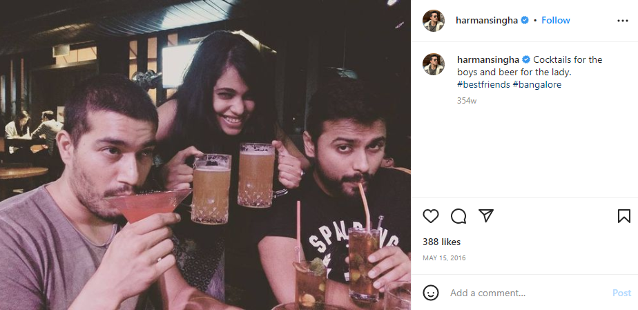Instagram post shared by Harman Singha, where he is seen drinking alcoholic beverages