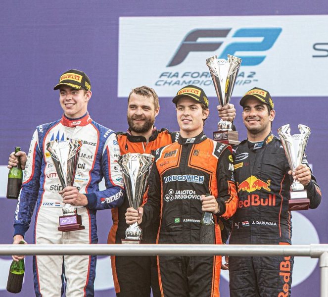 Jehan (extreme right) after winning the trophy for 3rd position in the 2022 FIA Formula 2 championship