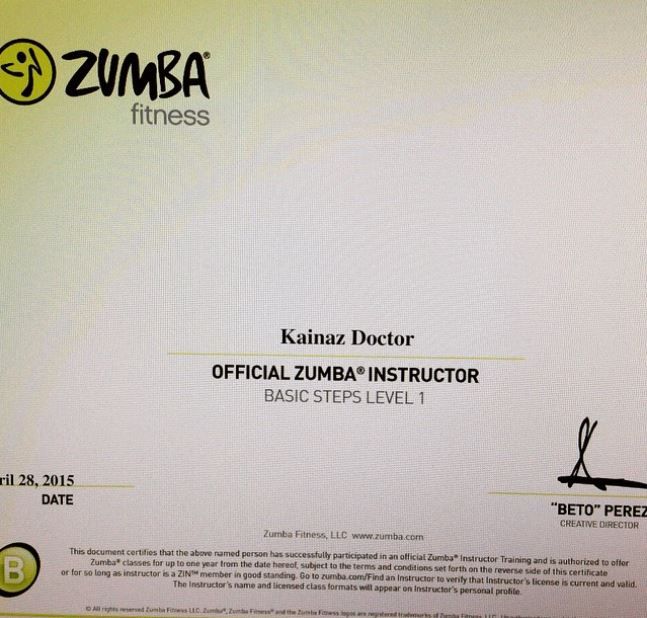 Kainaz Motivala 's certification as a Zumba instructor