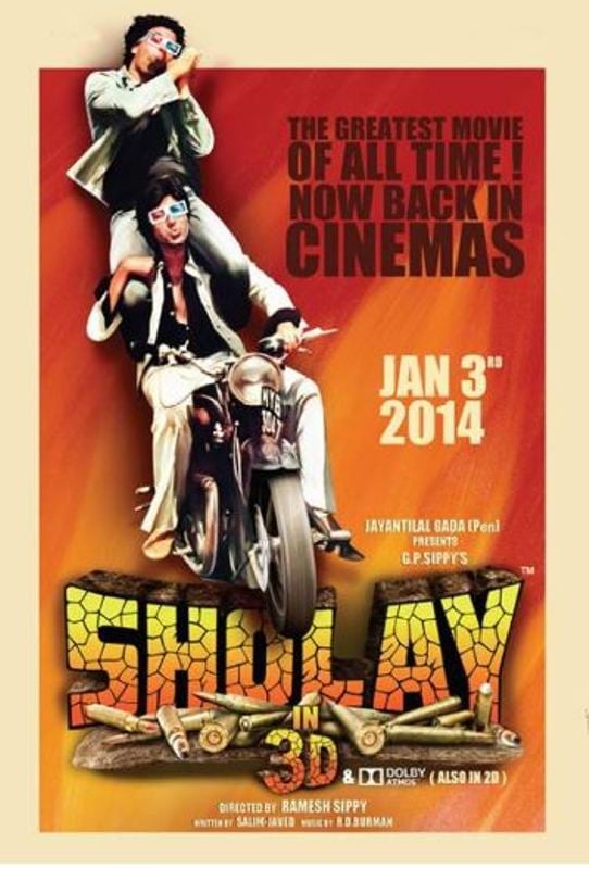Poster of the film Sholay (1975) in 3D presented by Jayantilal Gada (Pen Studios) in 2014