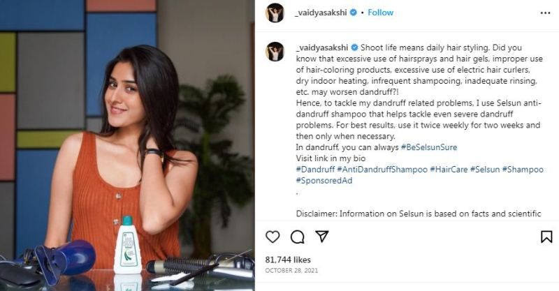 Sakshi Vaidya promoting Selsun Shampoo in an Instagram post