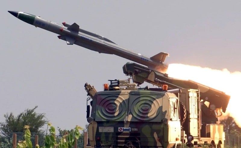 A photo of Akash Surface to Air Missile firing