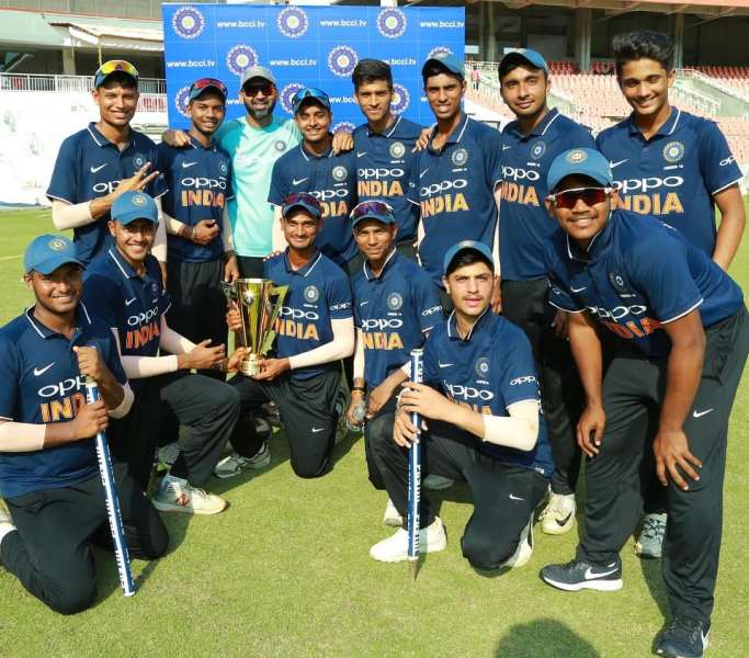 A photograph of Nitish Kumar Reddy with his teammates following the Under-19 Challenger Trophy victory