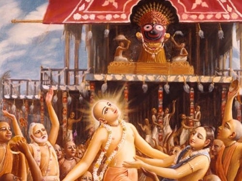 A picture of Chaitanya Mahaprabhu and other devotees at Lord Jagannath Temple