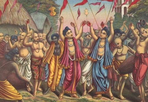 A picture of Chaitanya Mahaprabhu in a spiritual march