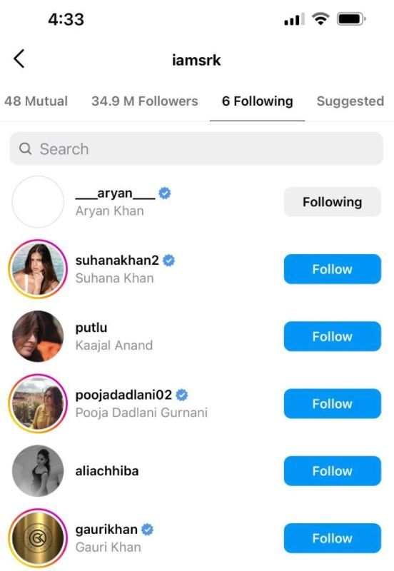A screenshot of SRK's Instagram following list