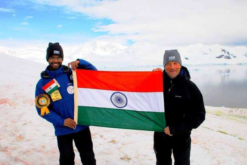 Anurag Maloo at Antarctica with the Indian flag