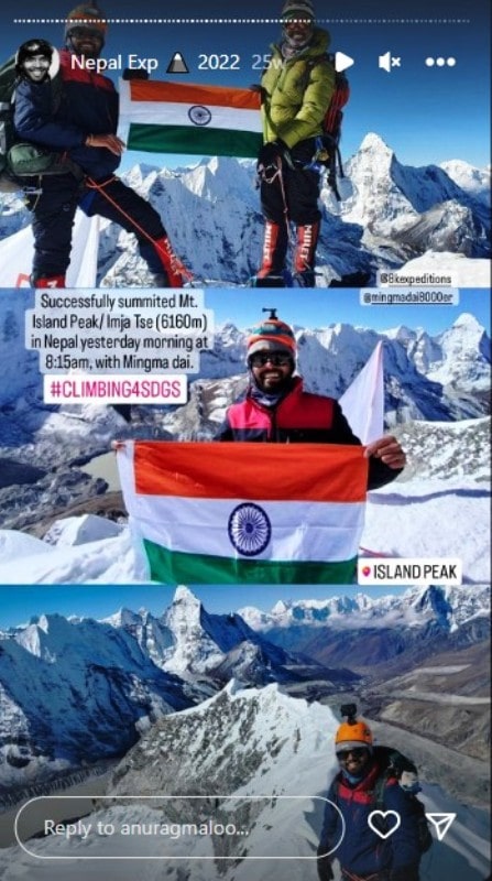 Anurag Maloo's Instagram story after he climbed Mount Imja Tse