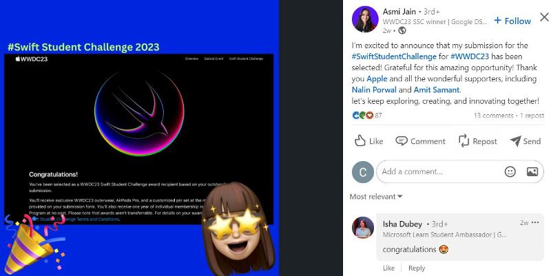 Asmi Jain's post shared on LinkedIn after being selected as a WWDC23 Swift Student Challenge award recipient