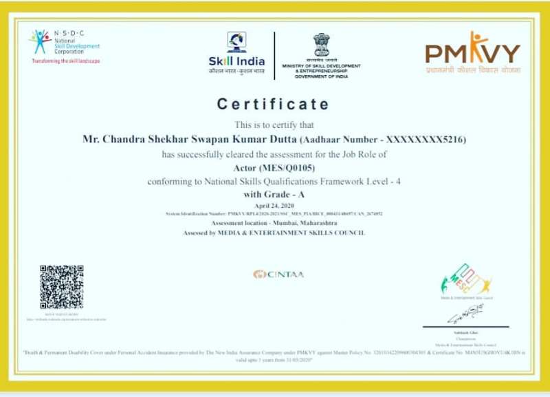 Certificate of Actor given to Chandra Shekhar Dutta under Skill India Scheme