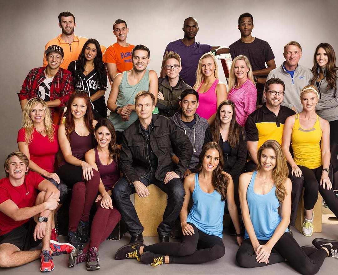 Cole LaBrant (extreme left, sitting in lowest row)with crew of the TV series The Amazing Race