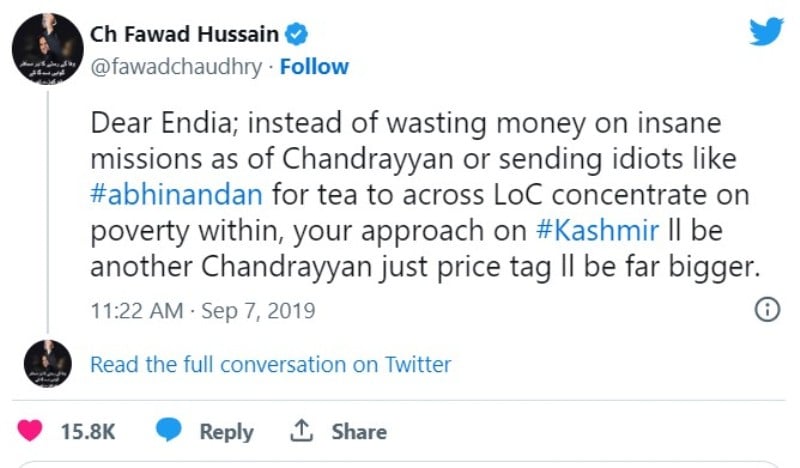Fawad Chaudhry's tweet after India's Chandrayaan-2 mission failed