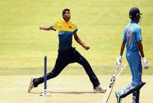 Matheesha Pathirana bowling to Yashasvi Jaiswal during a match between India and Sri Lanka at Mangaung Oval, Bloemfontein, South Africa, on 19 January 2020